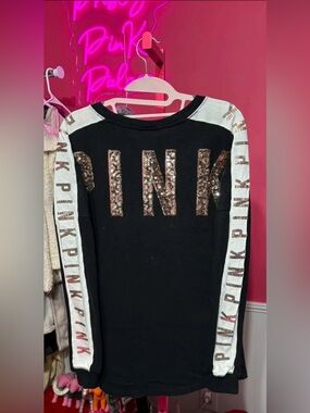 PINK Victoria's Secret Black Long Sleeve Top with Rose Gold Sequin Logo